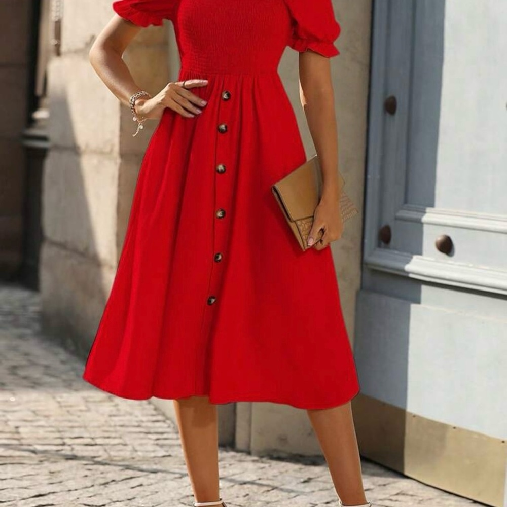 Elegant Red Button-Down Dress~ smocked ~ puff sleeve ~new